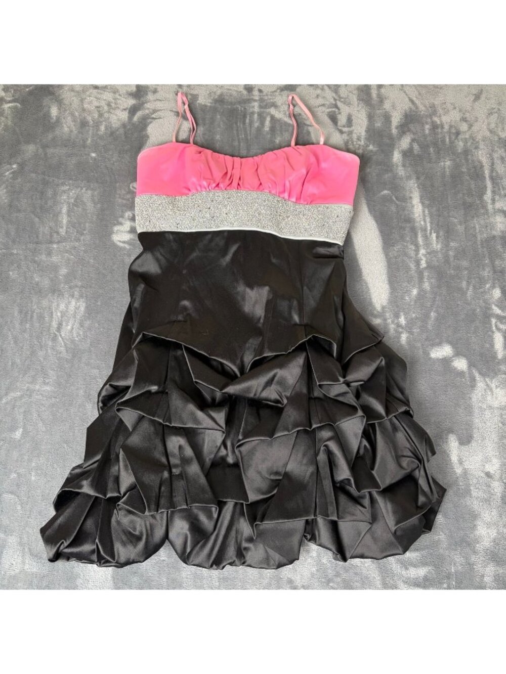 Vintage Prom Dress Mini Gown SZ 7 Pink Black Satin Bubble Skirt Y2K Skater Hoco